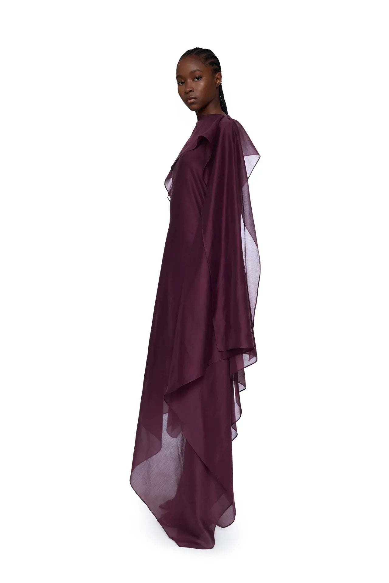 Voile Scarf Drape Midi Dress in Burgundy