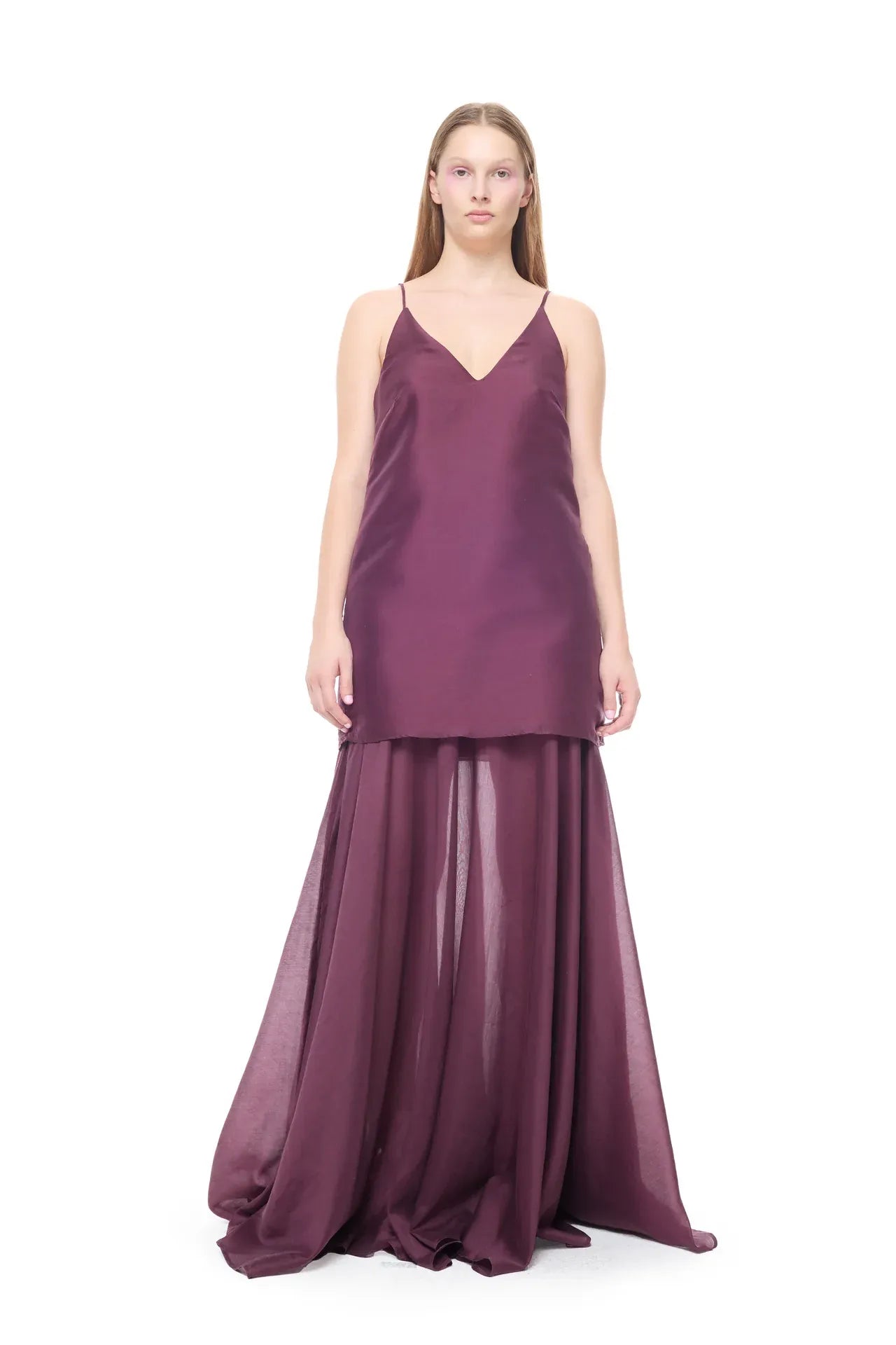 Double Layered Sleeveless Maxi Dress in Burgundy