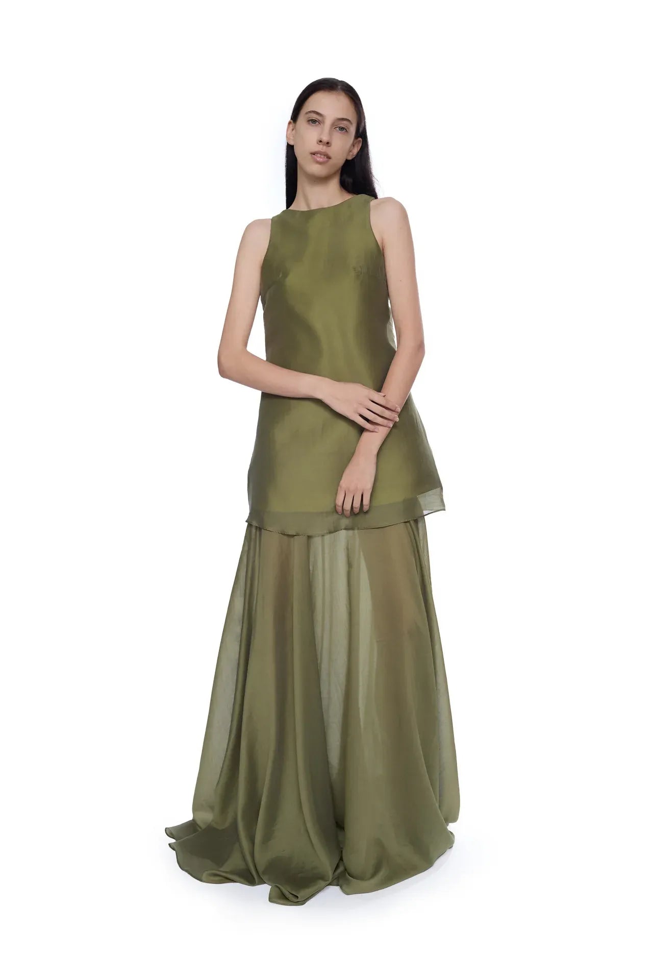 Double Layered Sleeveless Maxi Dress in Green