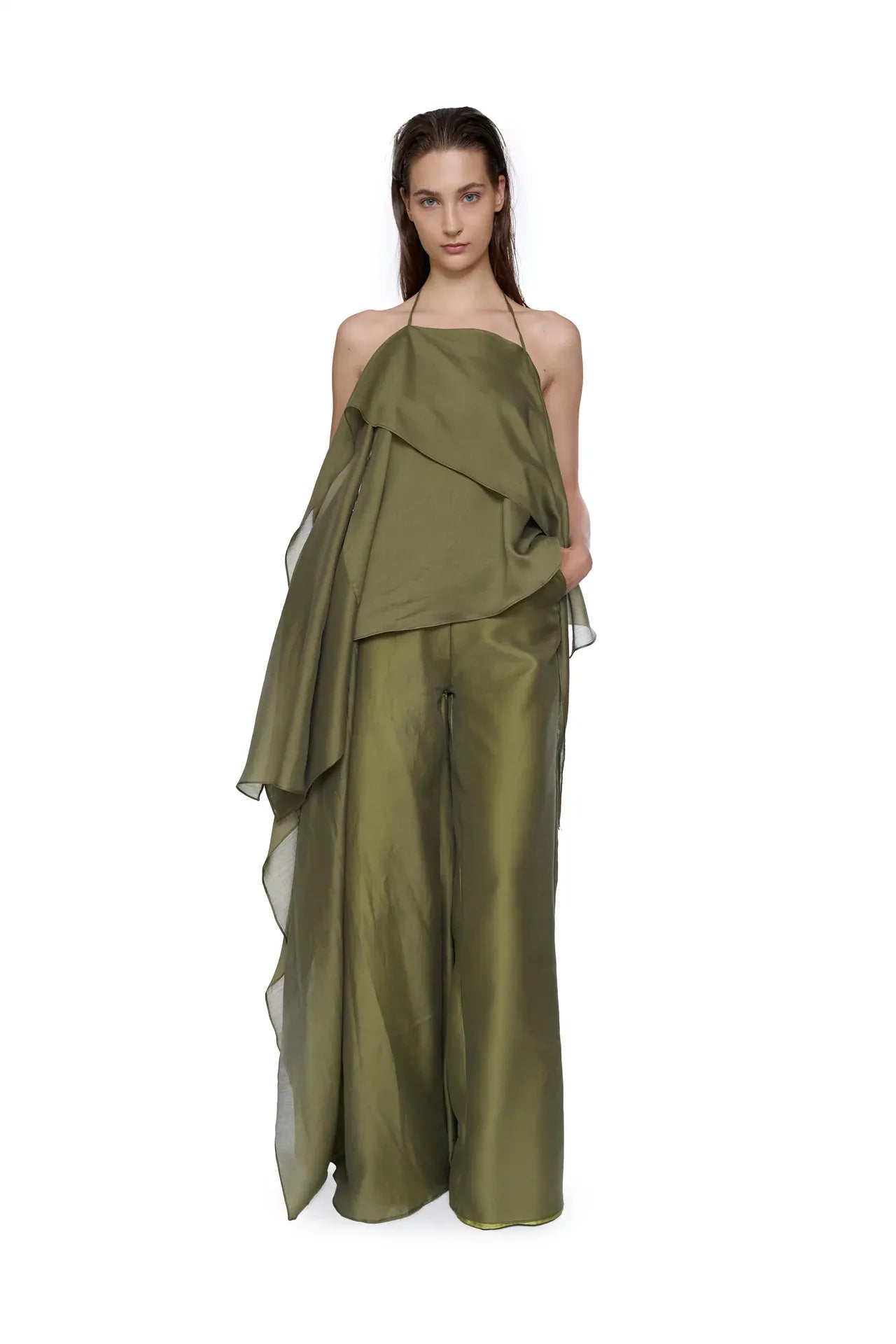 Double Layered Boyfriend Style Trousers in Green