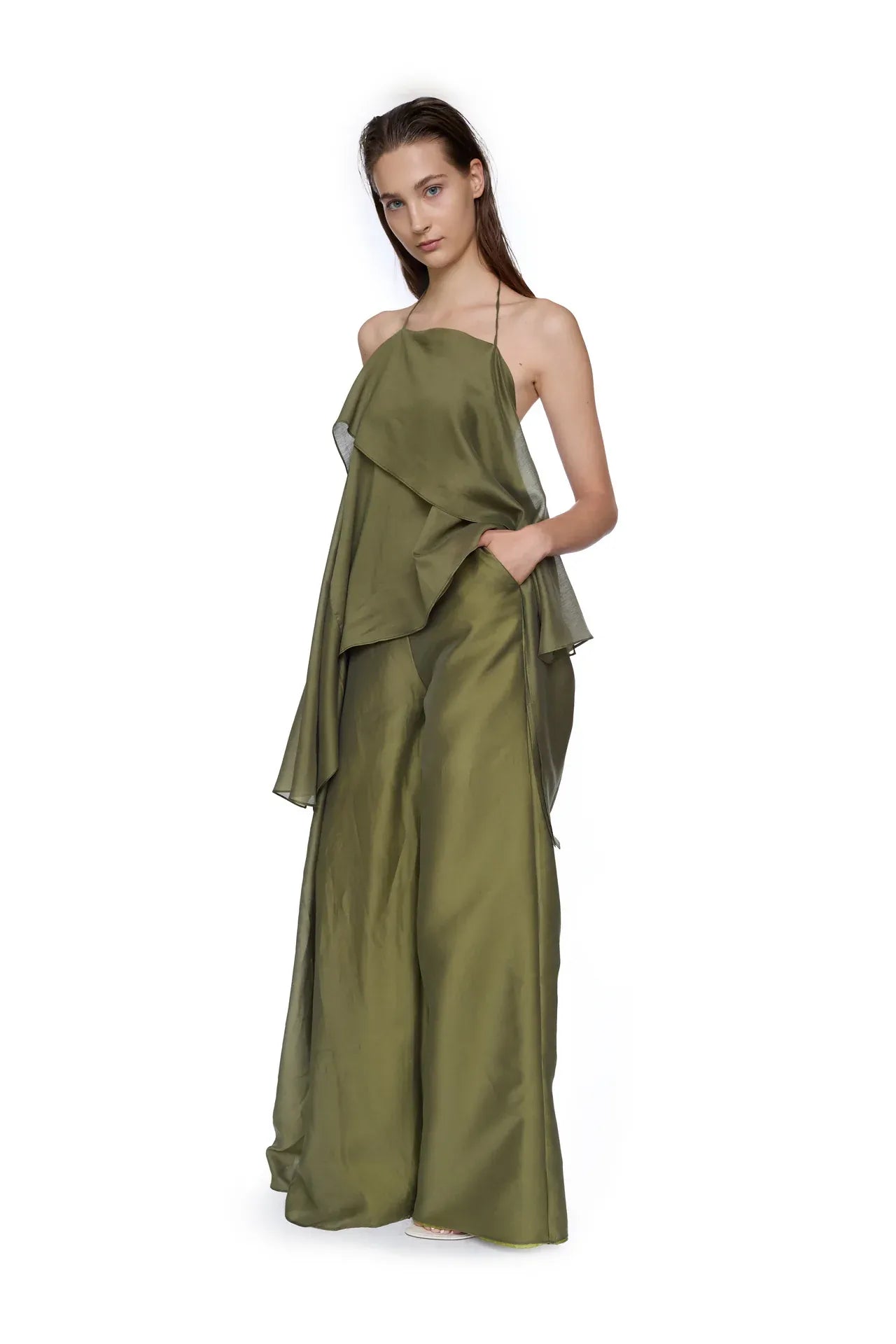 Double Layered Boyfriend Style Trousers in Green