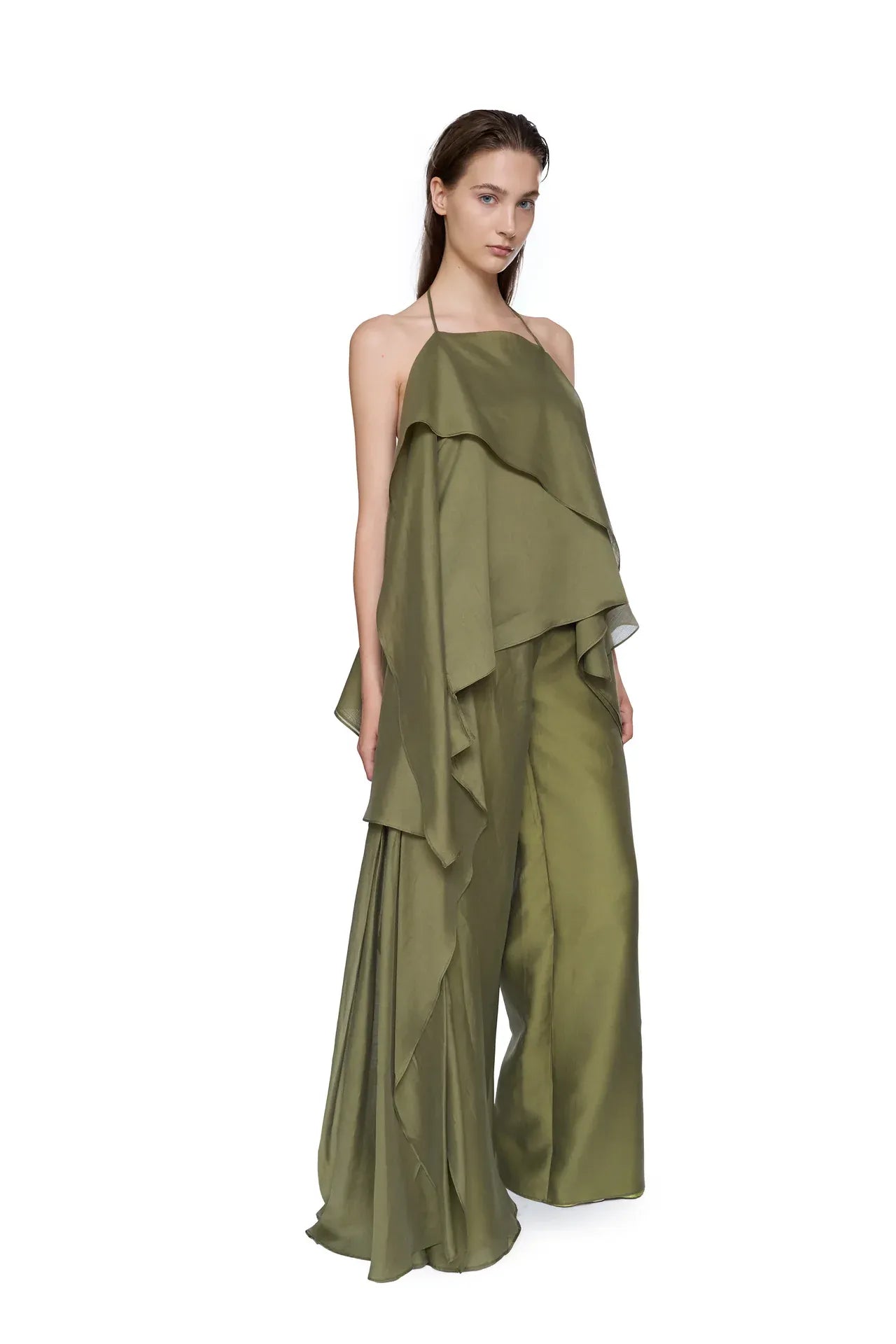 Double Layered Boyfriend Style Trousers in Green