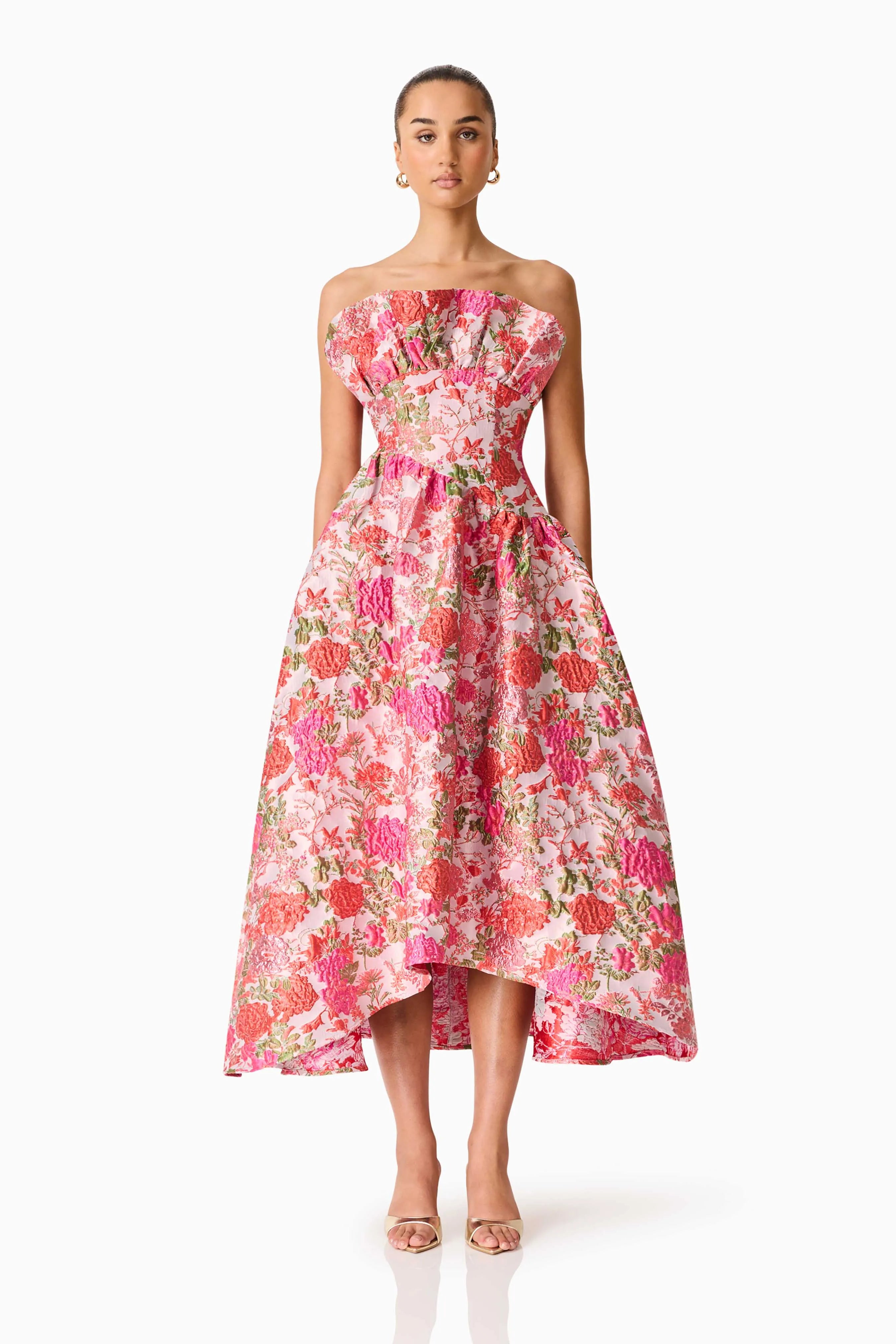 Floralie Strapless Floral Maxi Dress in Pink