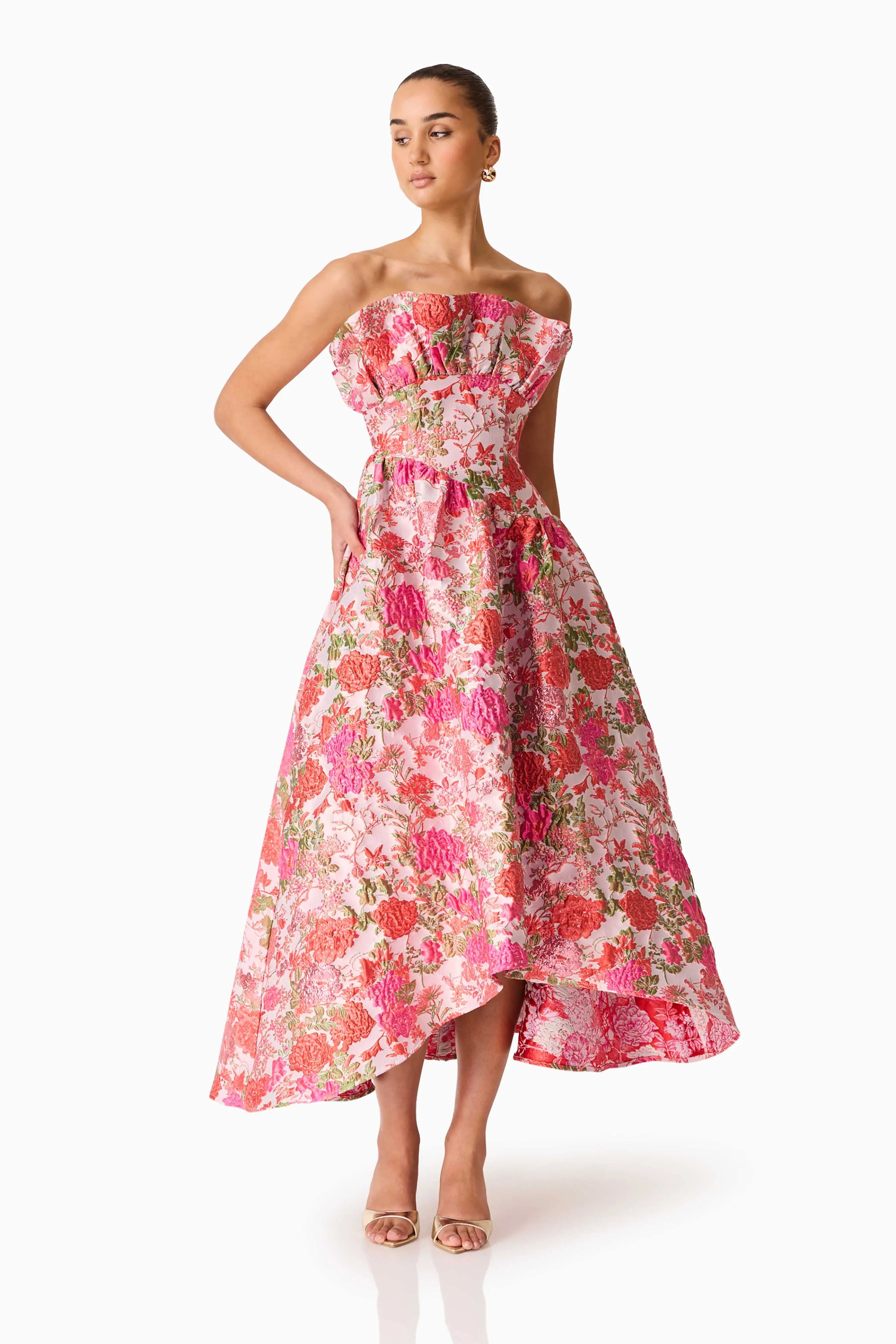 Floralie Strapless Floral Maxi Dress in Pink
