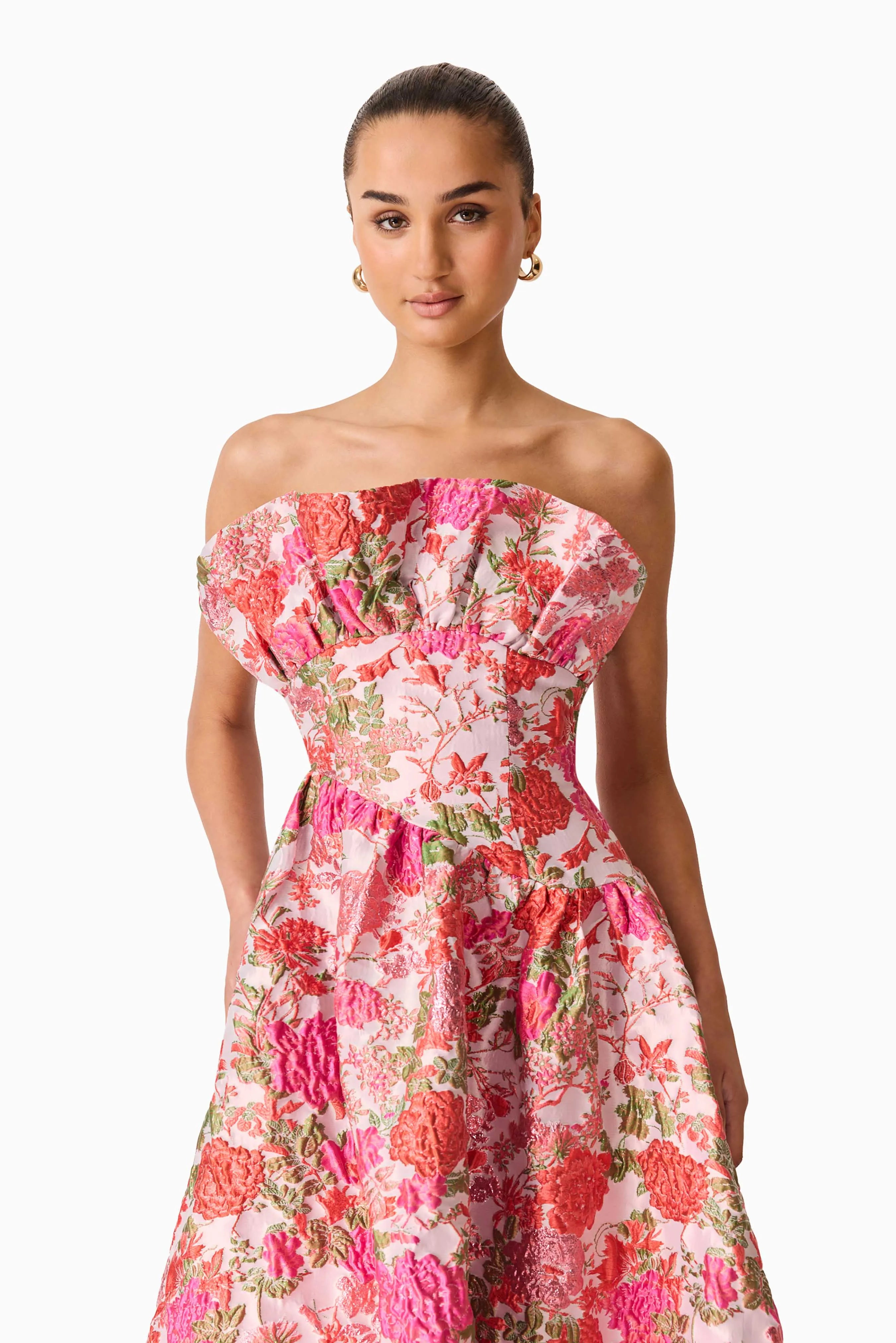 Floralie Strapless Floral Maxi Dress in Pink