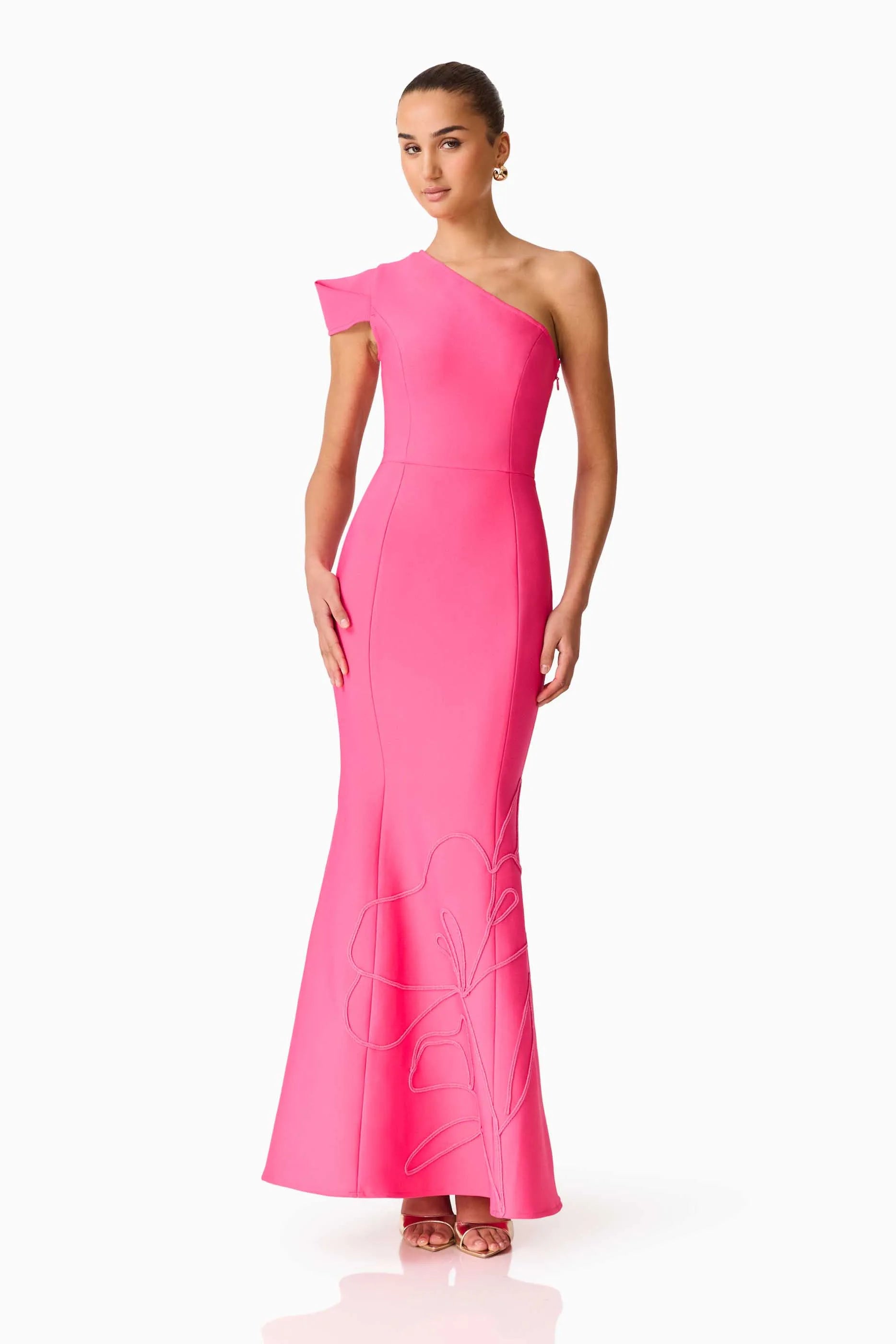 Opline One Shoulder Floral Maxi Dress in Pink