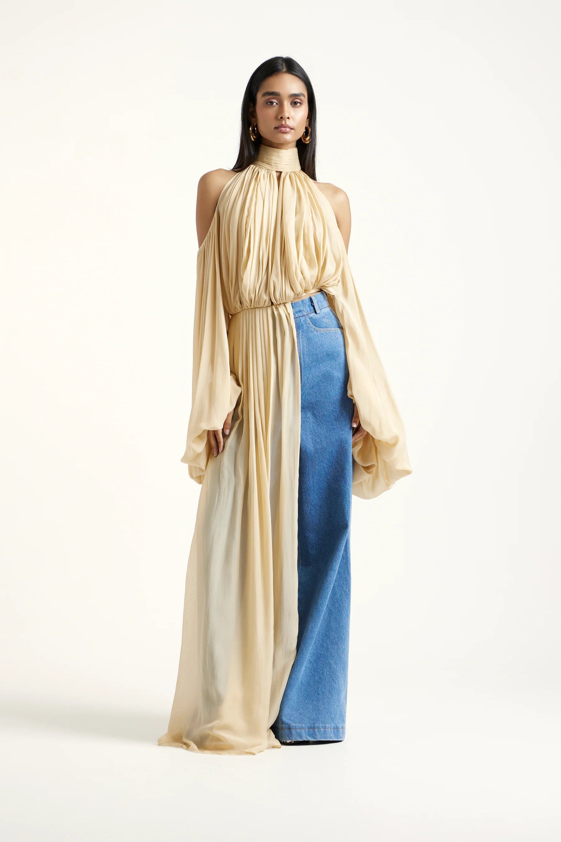 Sage Shoulder Cut Out Chiffon Top in Gold