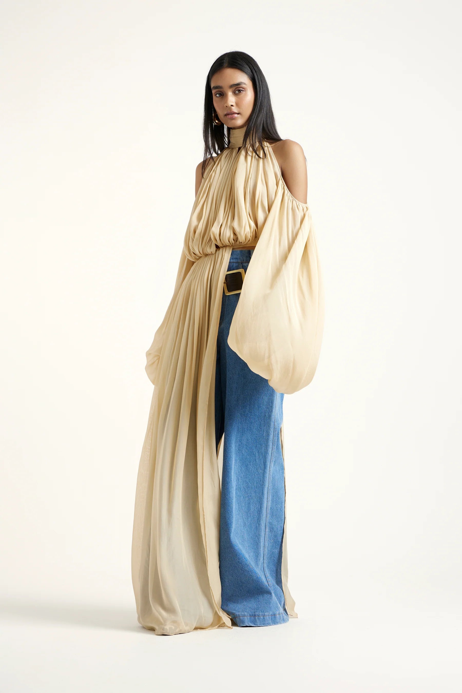 Sage Shoulder Cut Out Chiffon Top in Gold