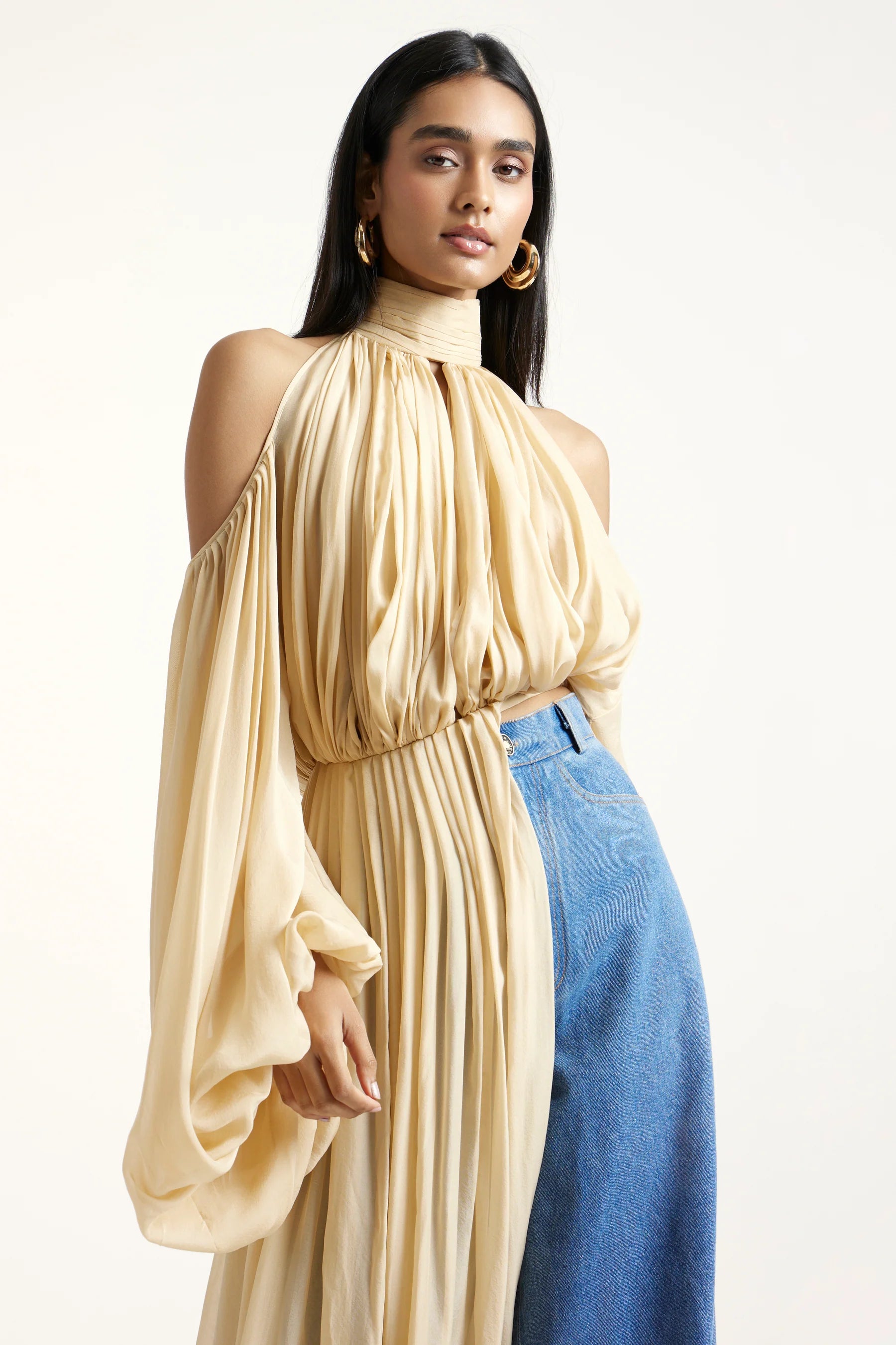 Sage Shoulder Cut Out Chiffon Top in Gold