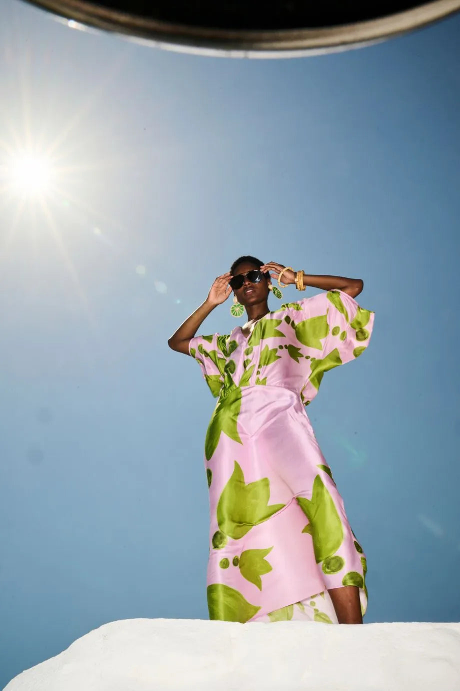 Eudora Puff Sleeves Silk Maxi Dress in Pink and Green