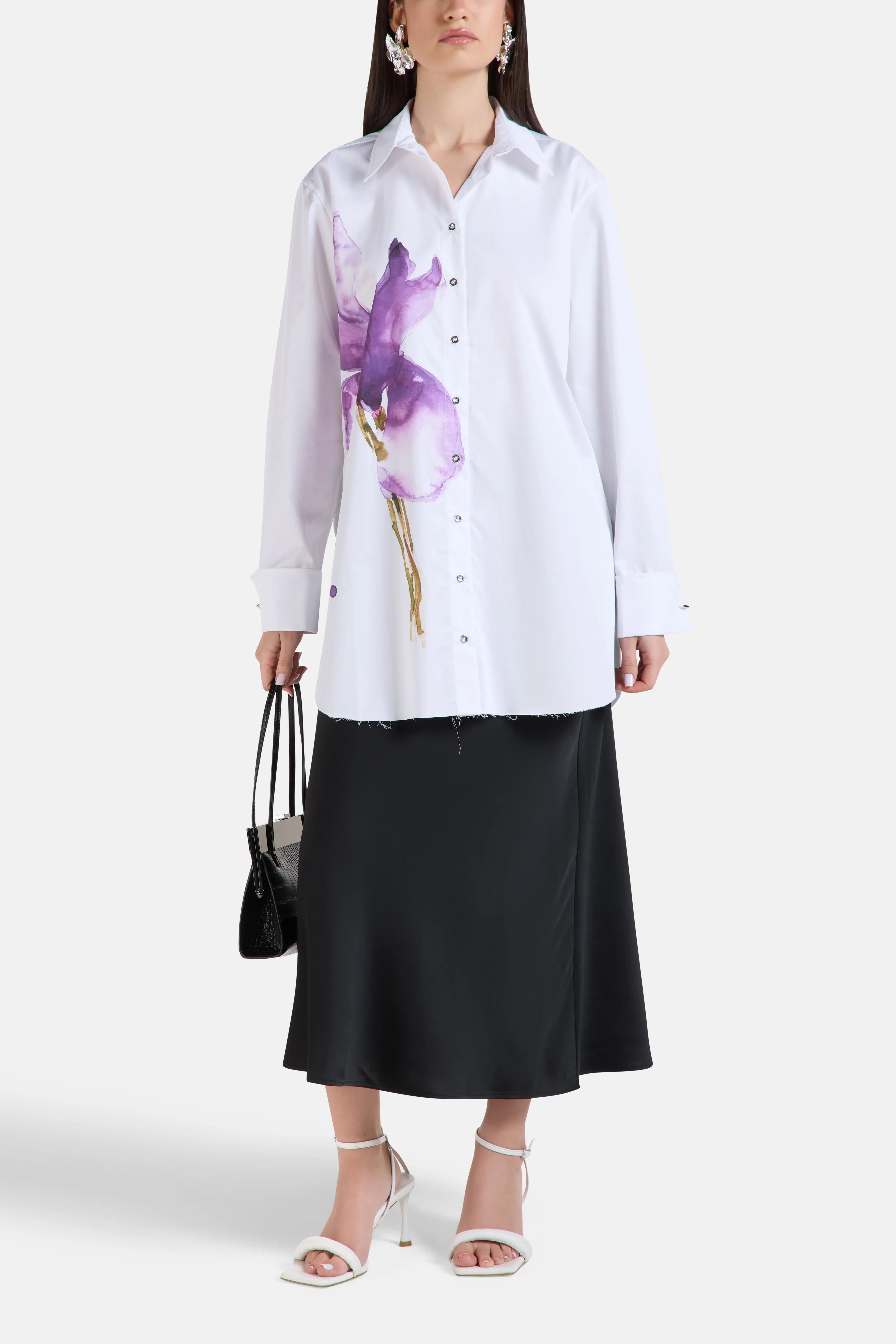 Watercolor Floral Cuff Metal Ring Printed Shirt in White