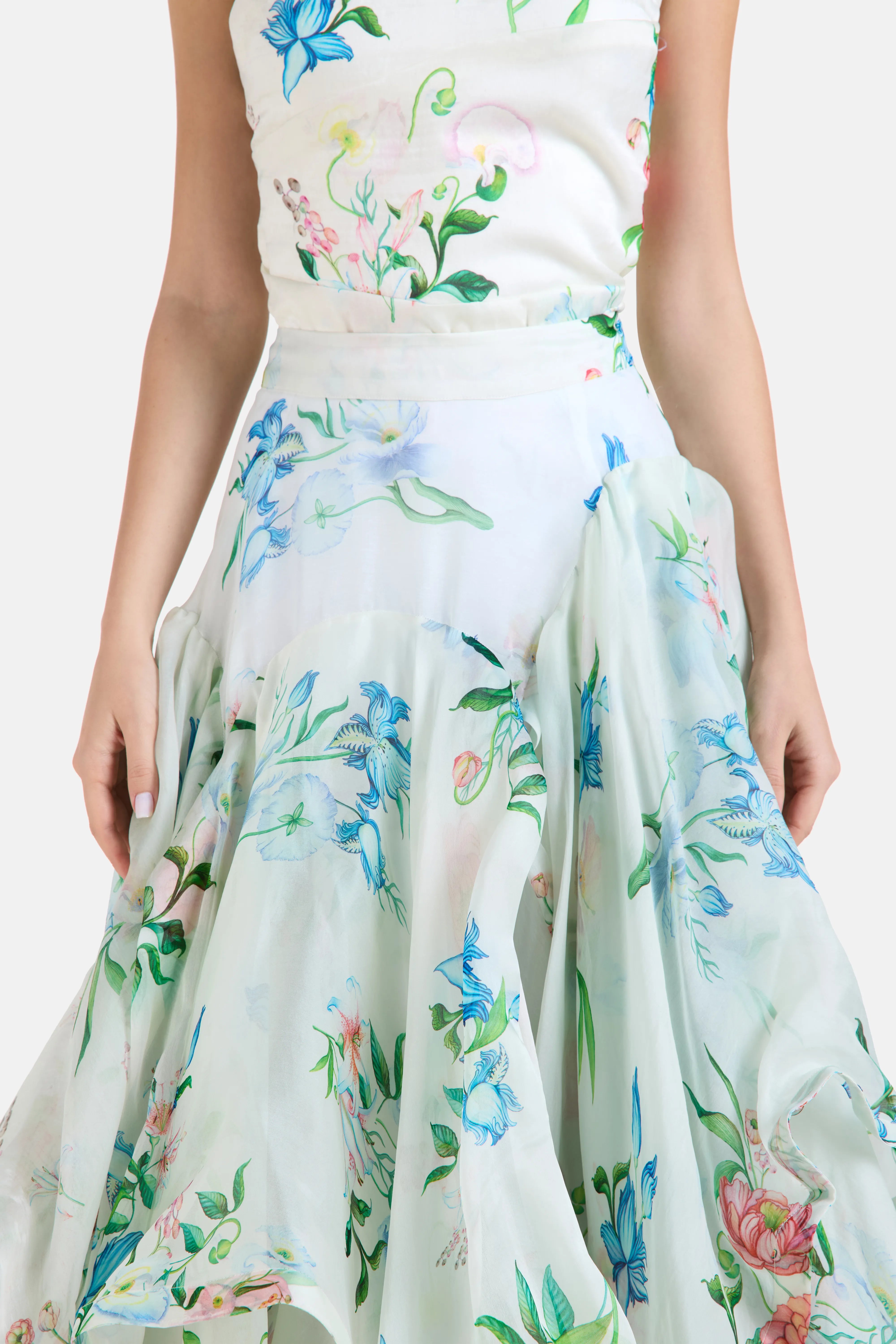 Petal Cascade Flounce Floral Maxi Skirt in White