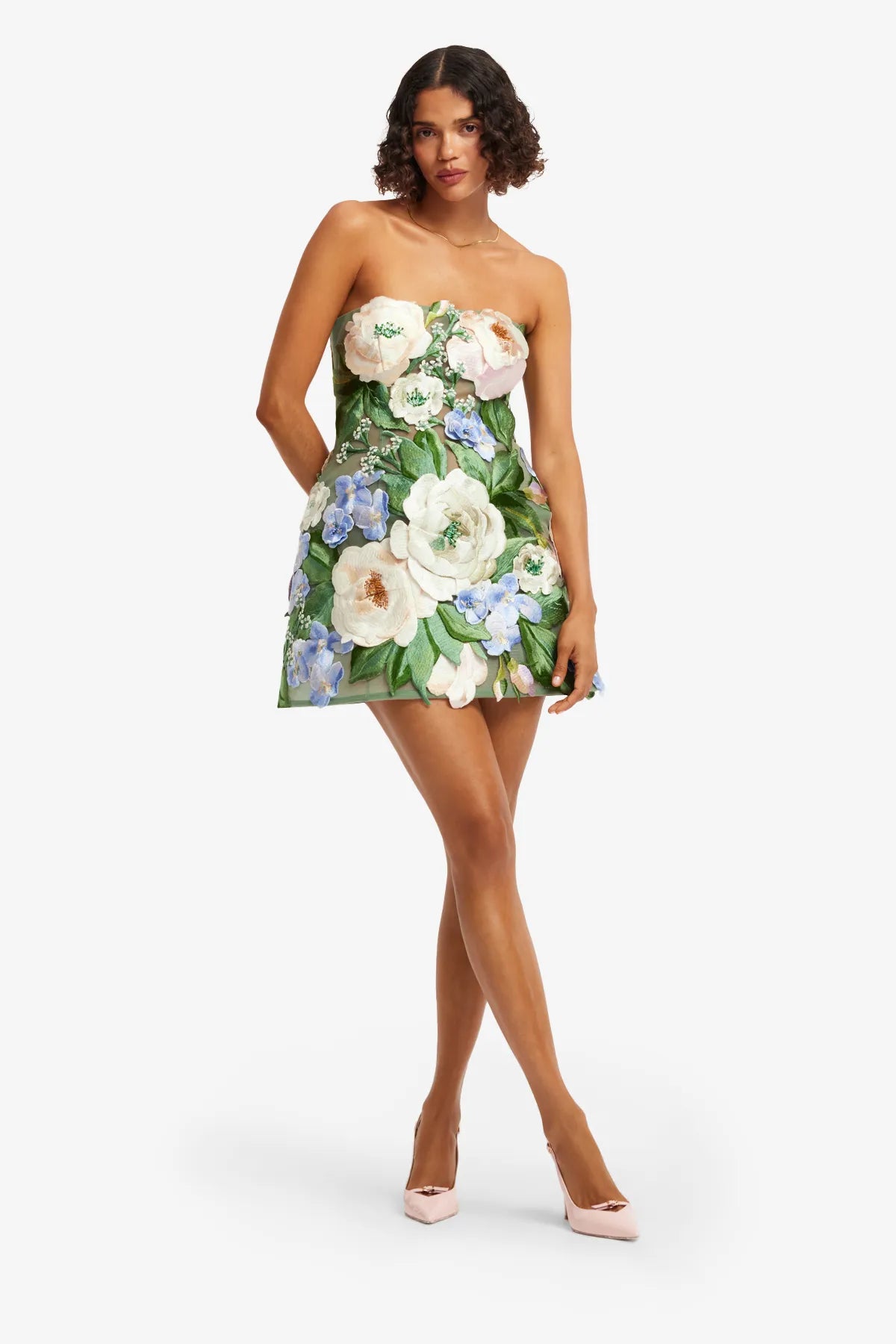 Roselle Hand-Embroidered Bustier Strapless Floral Mini Dress in Green