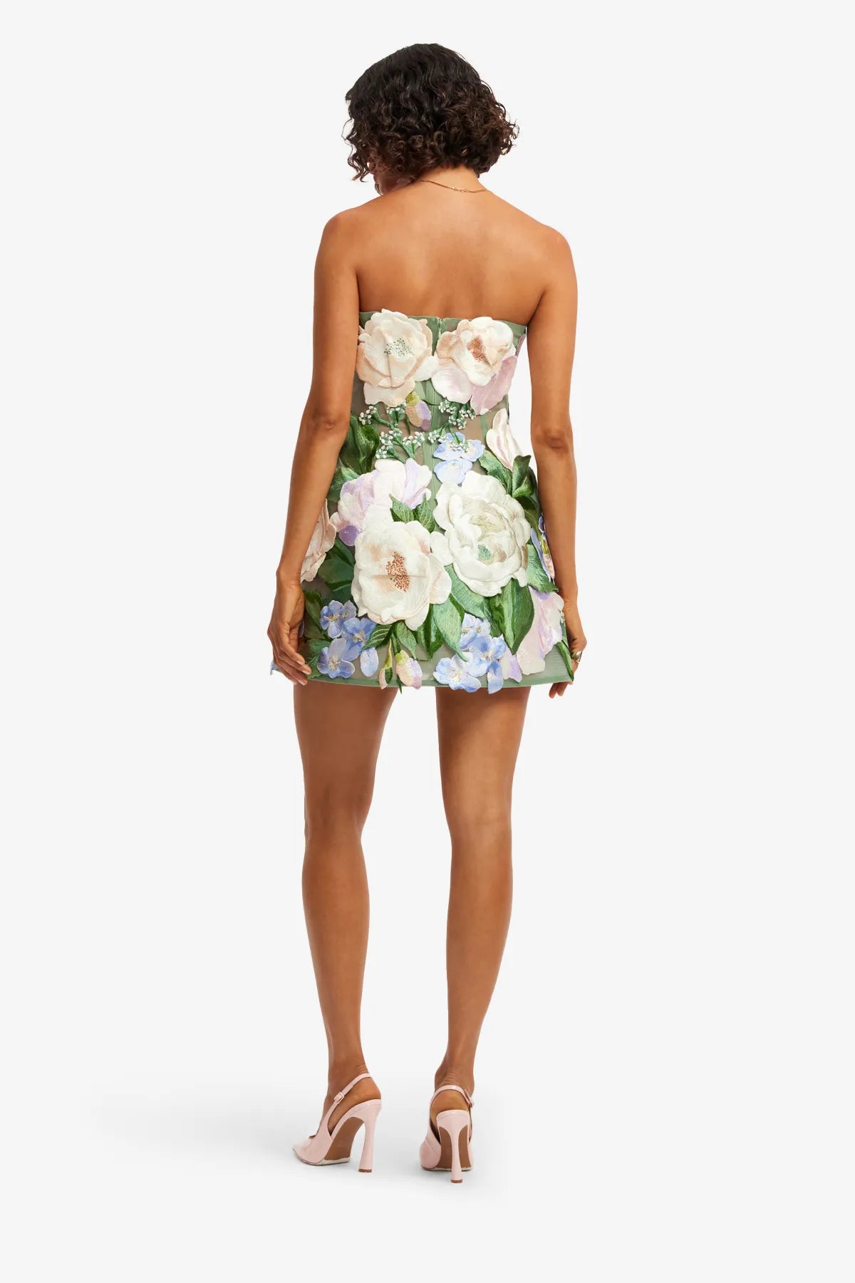 Roselle Hand-Embroidered Bustier Strapless Floral Mini Dress in Green