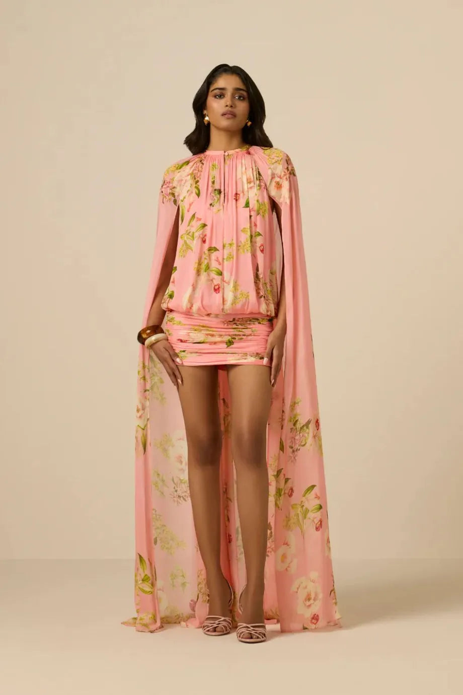 Lena Ruched Cape Mini Dress in Pink