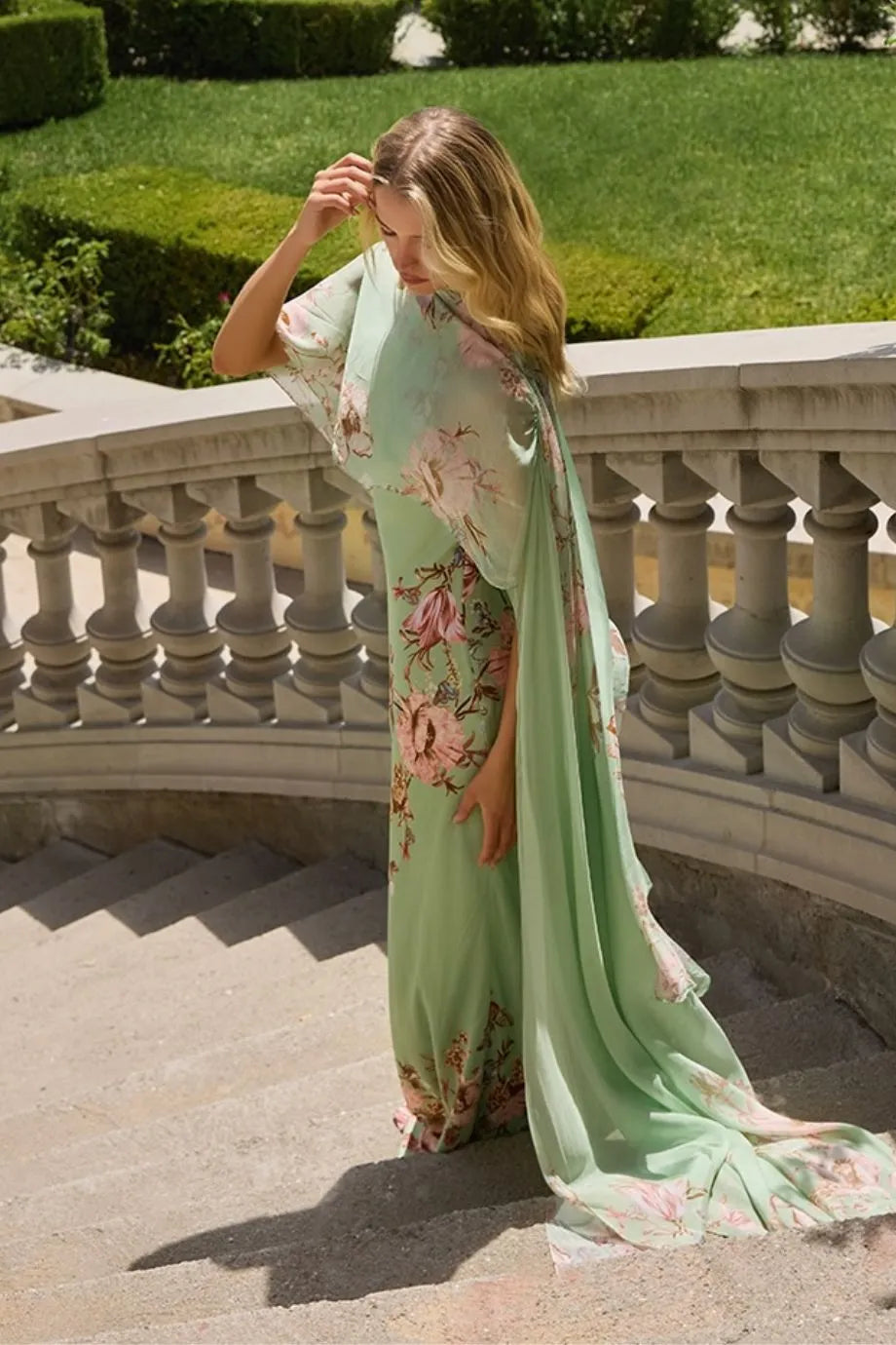Ezra Bias Floral Cape Maxi Dress in Pink