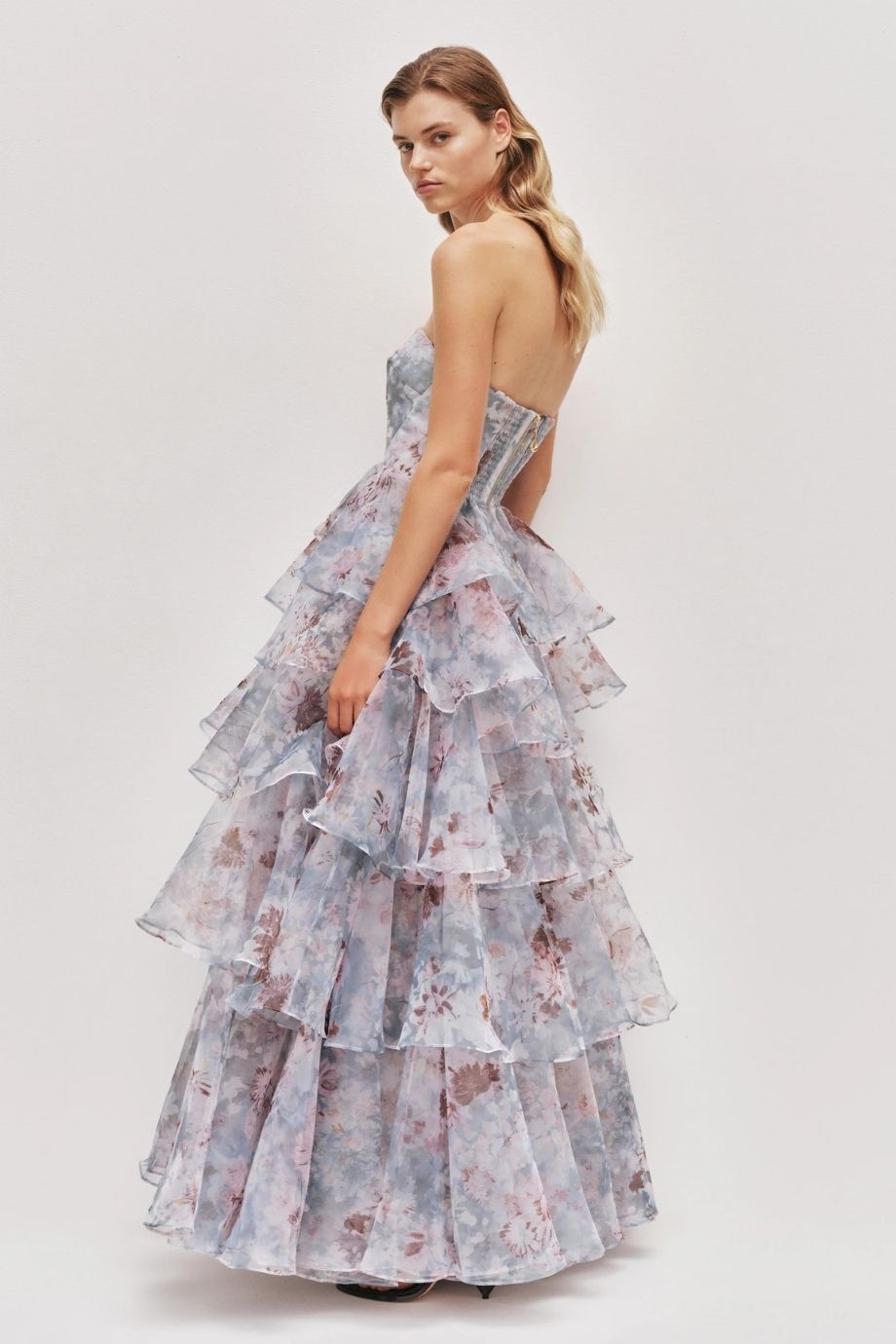 Gabriella Linen Blend Strapless Floral Maxi Dress in Blue